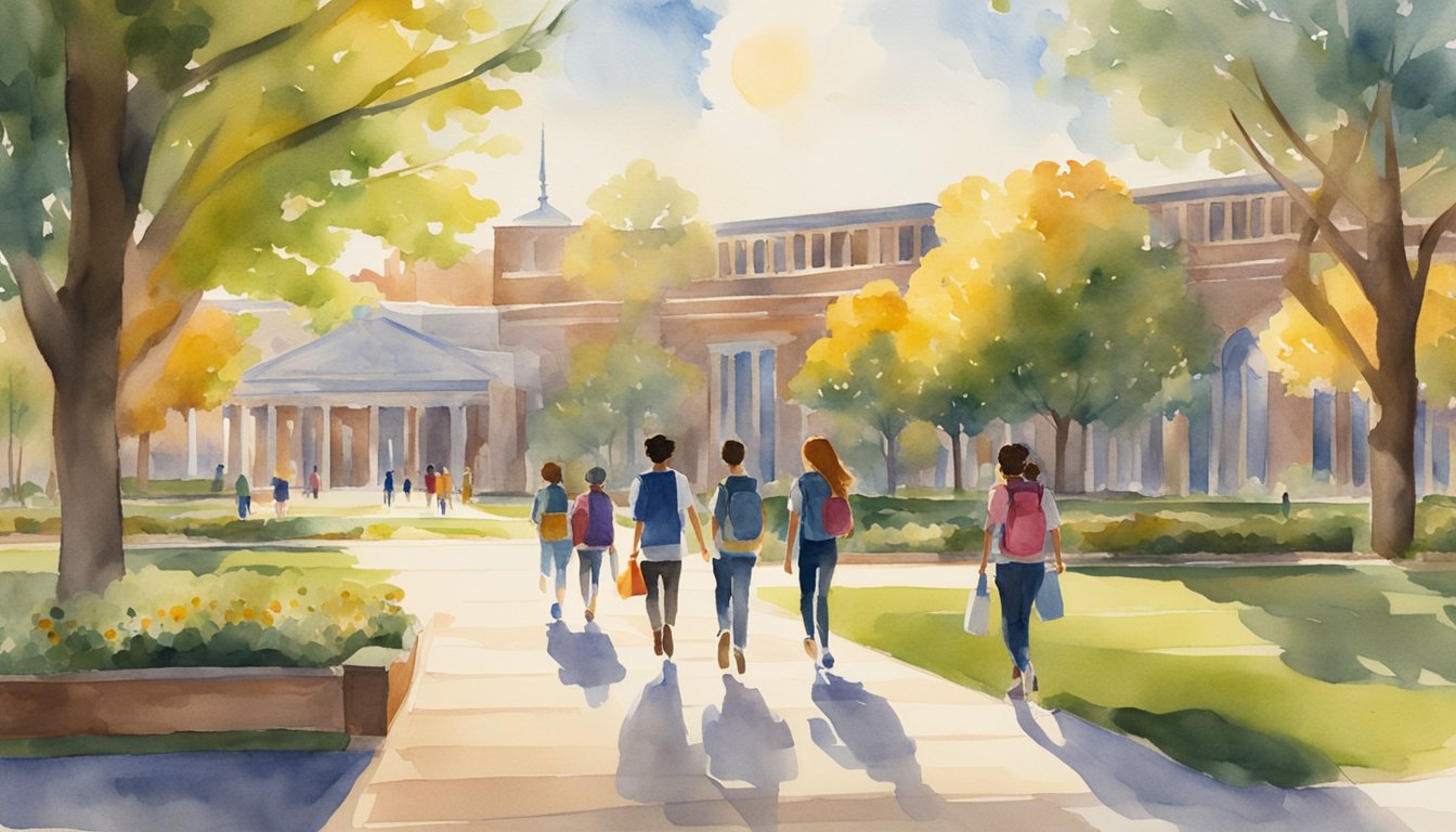 Students walk through campus, passing by the library, cafeteria, and dormitories.</p><p>They navigate using a campus map and follow signs for different facilities.</p><p>The sun shines overhead, casting long shadows on the ground