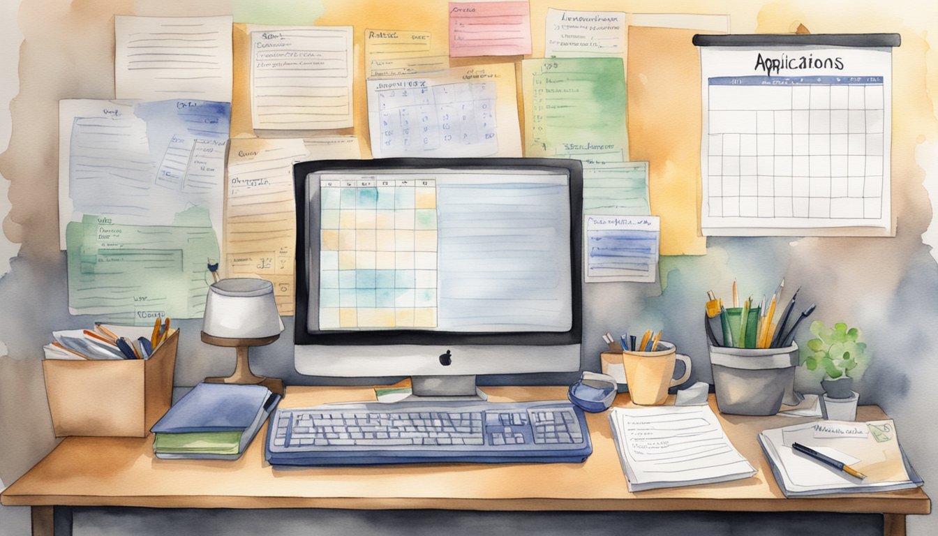 A desk with a computer, calendar, and checklist.</p><p>Papers labeled "applications" and "timeline" scattered around.</p><p>A clock on the wall