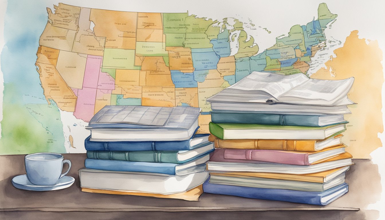 A stack of colorful college guidebooks sits on a desk, surrounded by open laptops and notebooks.</p><p>A map of the United States hangs on the wall, marked with pins indicating different college locations