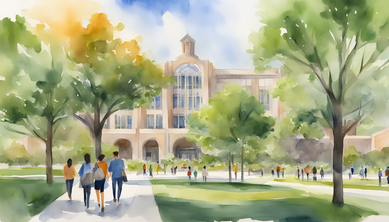 A bustling campus with modern buildings and green spaces, showcasing the University of Texas High School's top online diploma programs