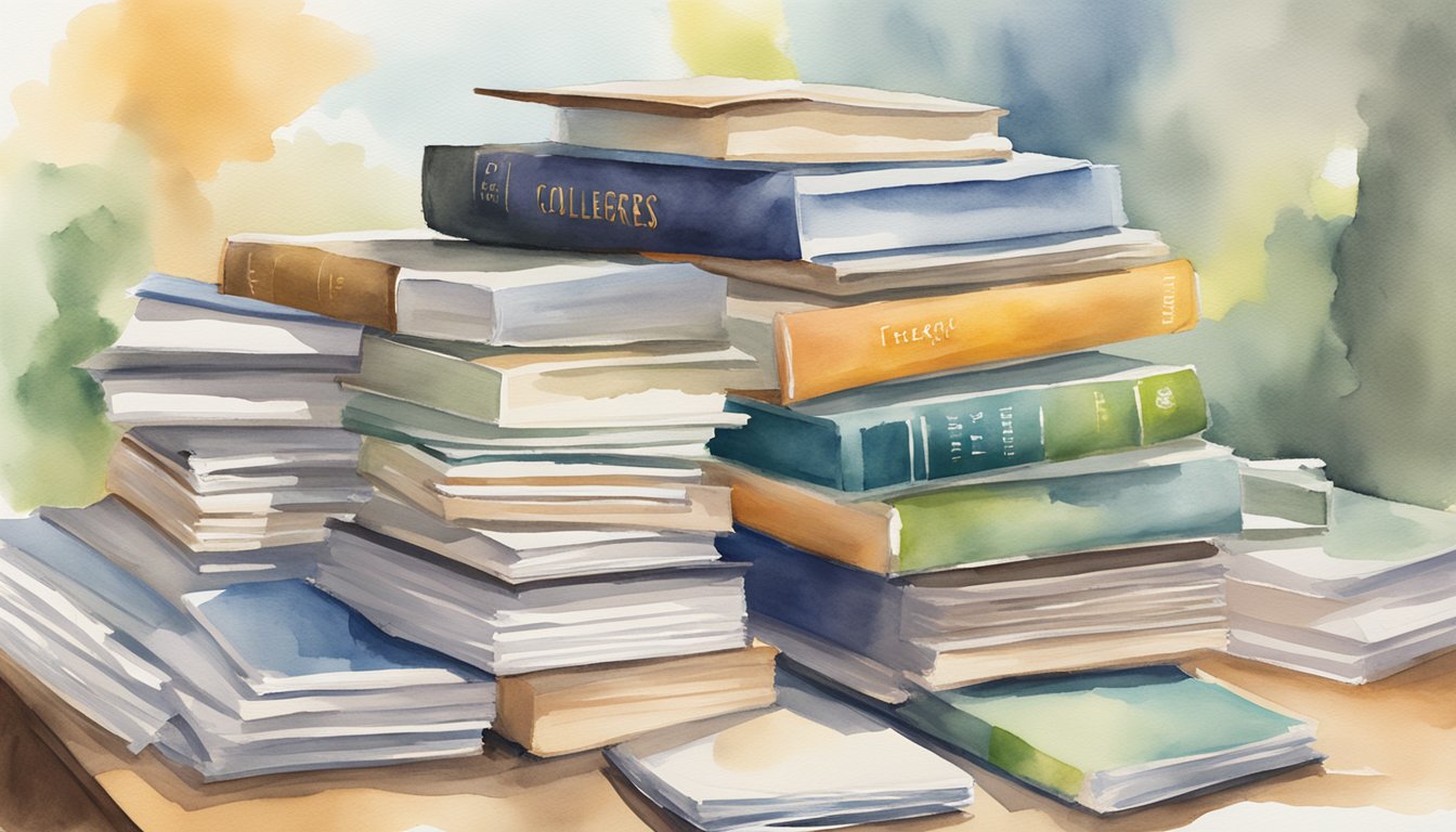 A stack of CollegeXpress Lists & Rankings publications surrounded by various college brochures and informational resources