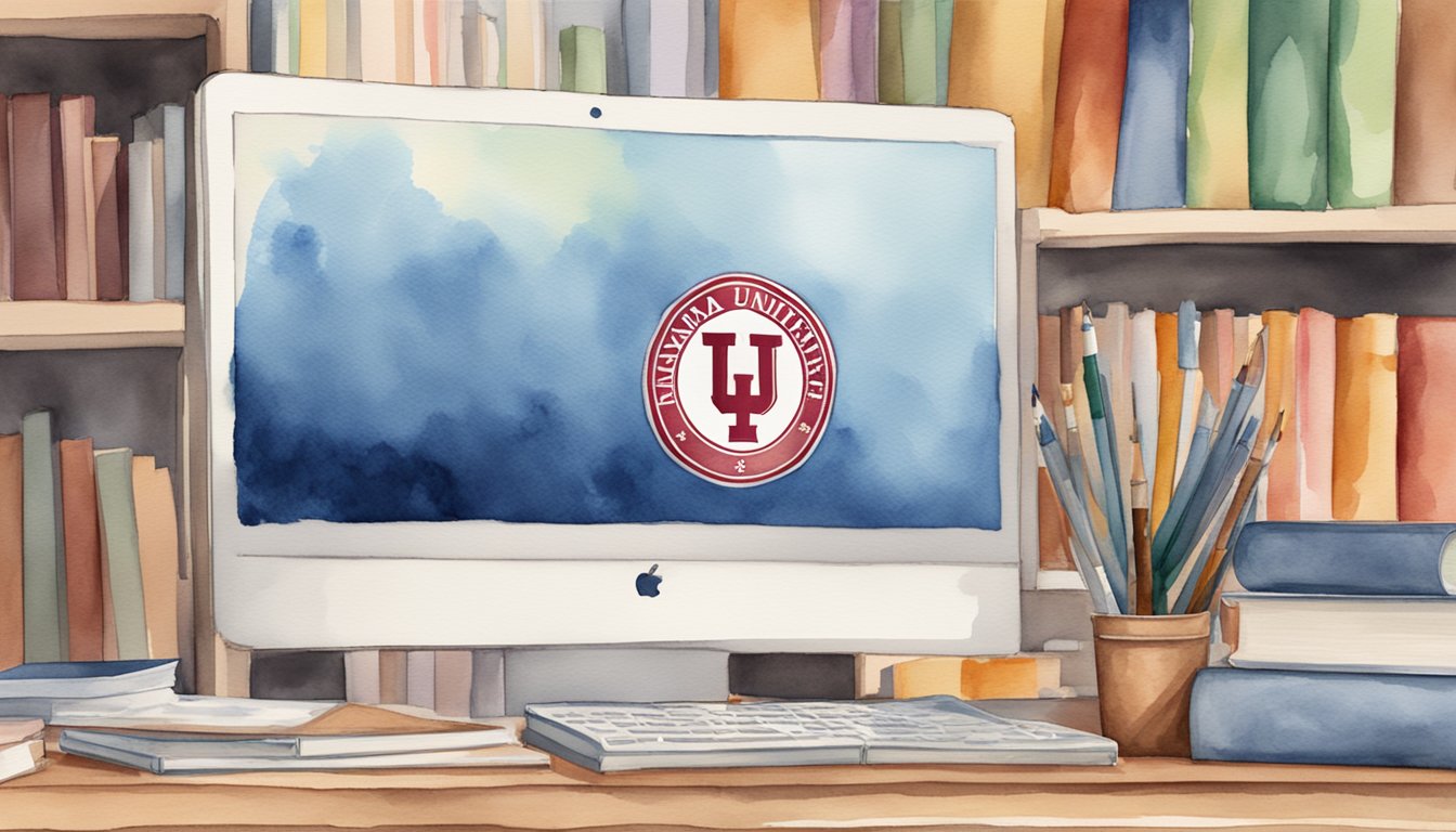 The Indiana University High School logo displayed prominently on a computer screen, surrounded by books and educational materials.</p><p>A diploma is visible in the background