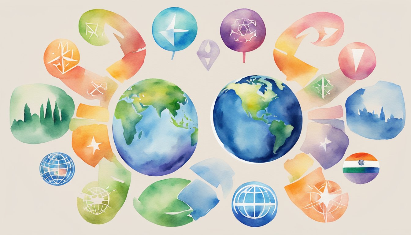 Seven language exchange program logos arranged in a circle, each representing a different language.</p><p>A globe in the center symbolizes global communication