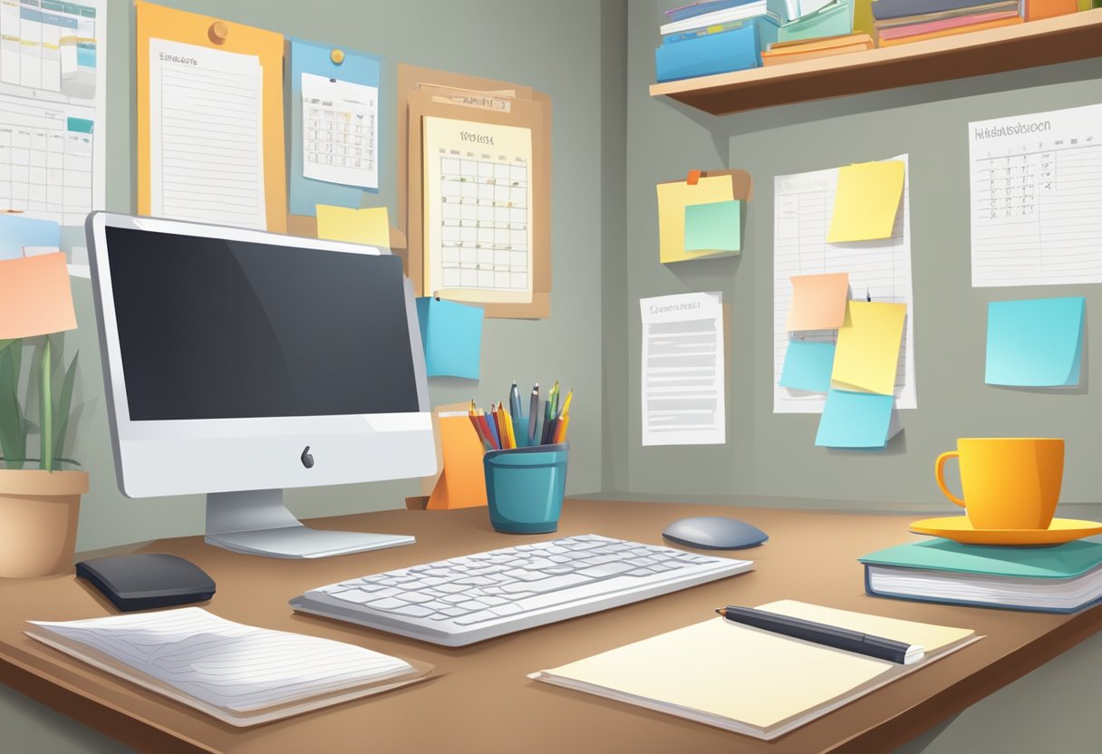 A desk with a computer, open textbooks, and a cup of coffee. A bulletin board with pinned notes and a calendar on the wall