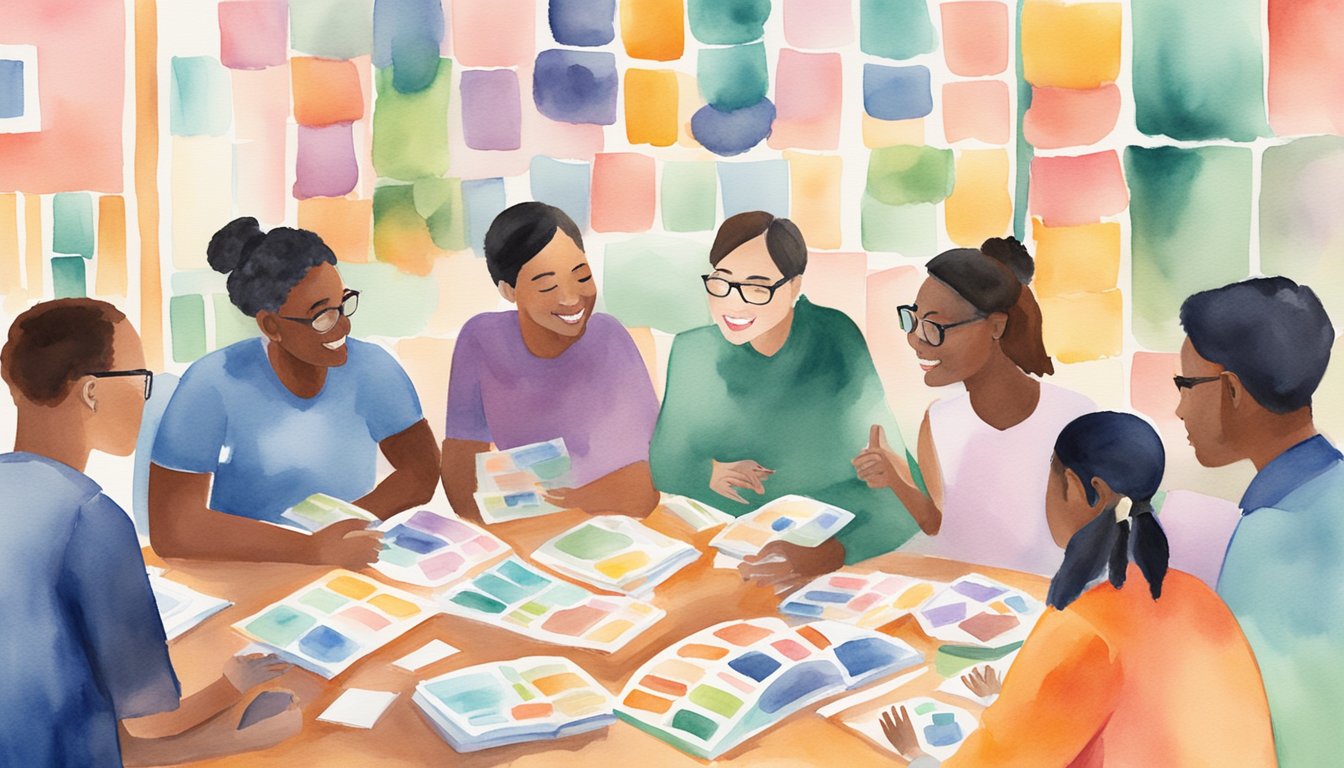 A group of diverse language learners engage in conversation at a vibrant language exchange event, surrounded by colorful language learning materials and resources