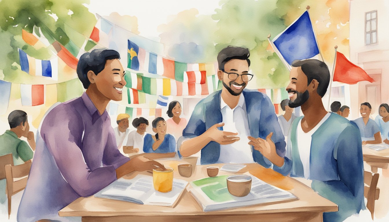 People from different cultures engaging in language exchange, smiling and conversing.</p><p>Flags from various countries in the background.</p><p>Tables with language learning materials