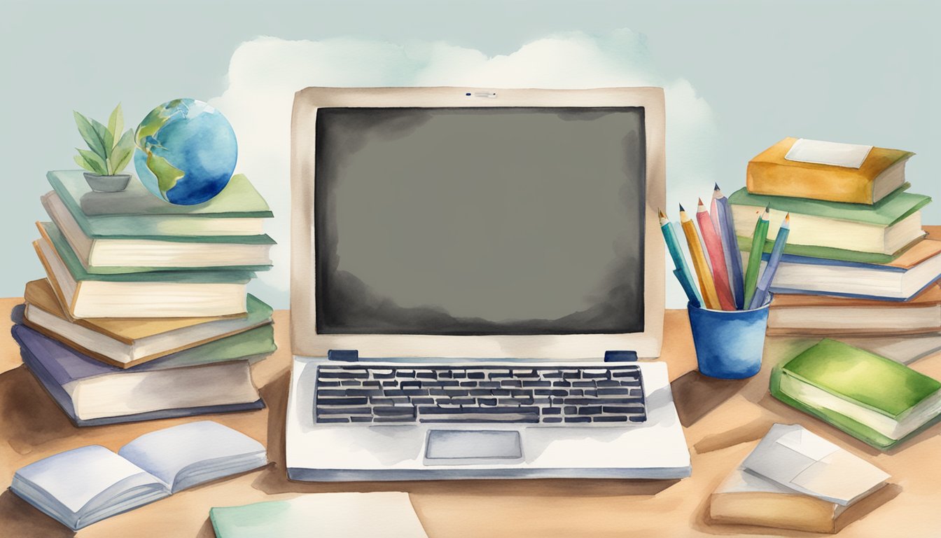 A computer with online high school support services displayed on the screen.</p><p>Books, a diploma, and a laptop nearby