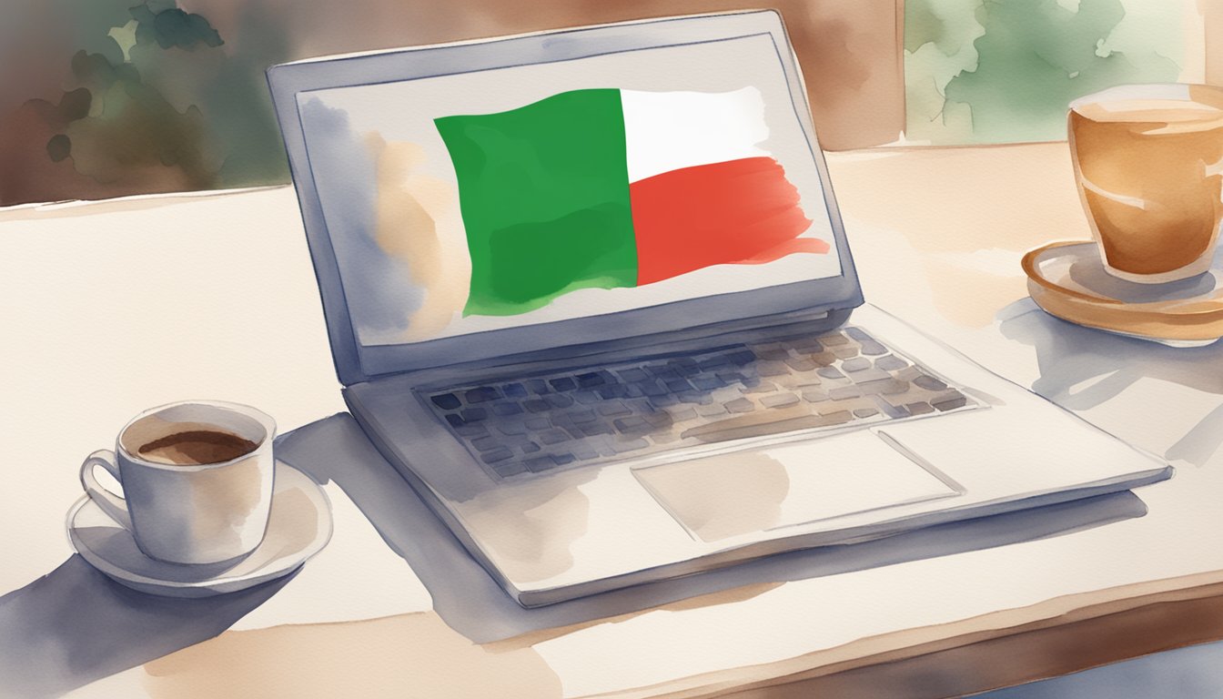 A laptop displaying Duolingo's Italian course with a coffee cup and Italian flag in the background