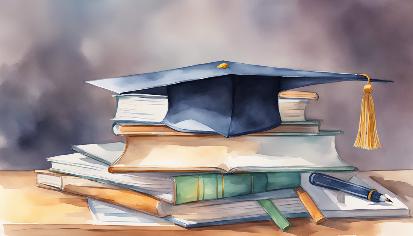 A stack of books and a laptop on a desk, with a calculator and financial documents scattered around.</p><p>A diploma and graduation cap hanging on the wall