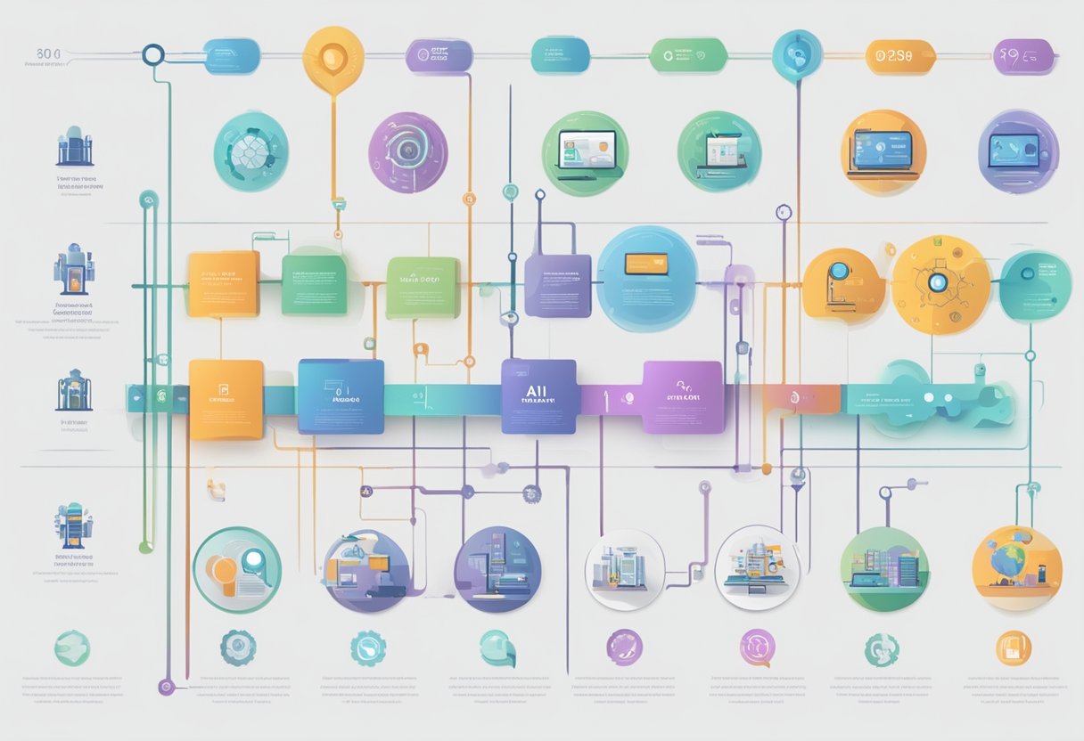 A timeline of technological advancements from ancient times to modern AI. Symbols and visuals representing key milestones in AI development