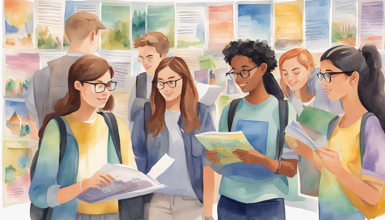 A group of college students gather around a bulletin board covered in colorful posters and flyers, eagerly reading about upcoming campus events and tips for living off-campus