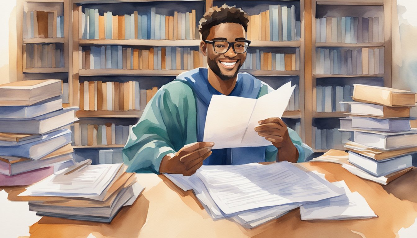 A law school graduate smiles as they receive a letter confirming their acceptance into a loan forgiveness program, surrounded by stacks of books and financial documents