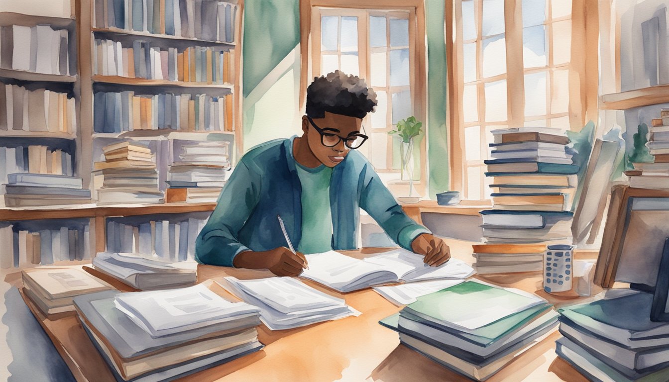 A student sits at a desk surrounded by books and papers, researching different ways to finance their law school education.</p><p>On the desk, there are 12 different options for loans and financial aid