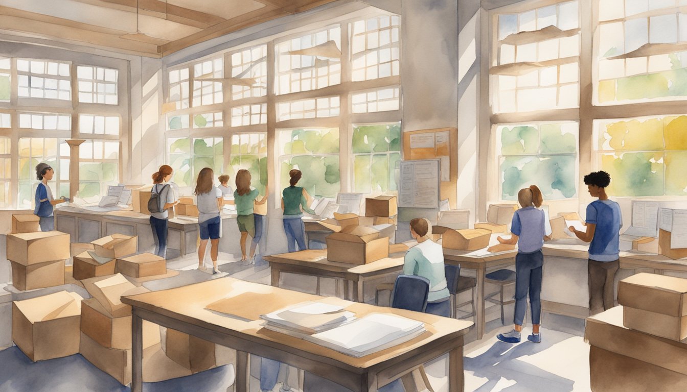 Students packing boxes, organizing furniture, and reviewing a checklist.</p><p>A map of the college campus and local area is pinned to the wall.</p><p>Bright sunlight streams in through the window