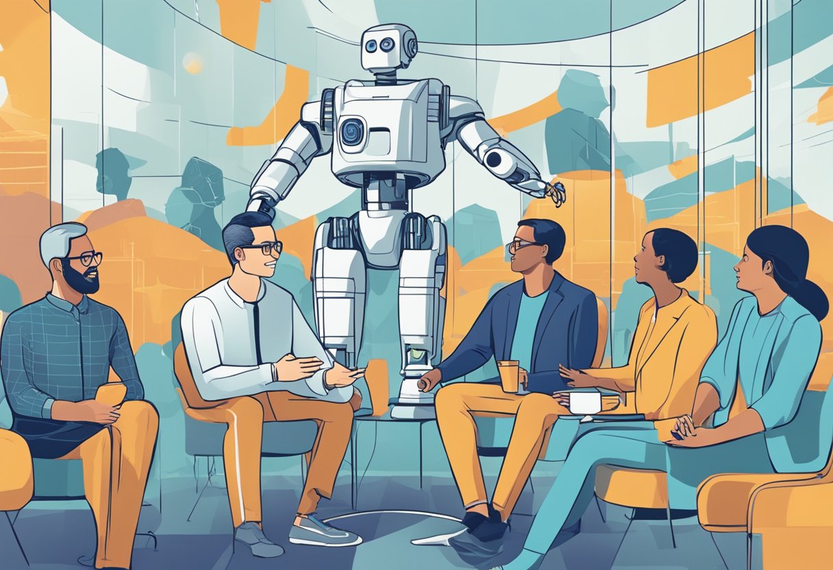 A group of people engage in a lively discussion about the impact of artificial intelligence on future employment. Multiple perspectives are shared as the conversation delves into the potential changes and challenges ahead