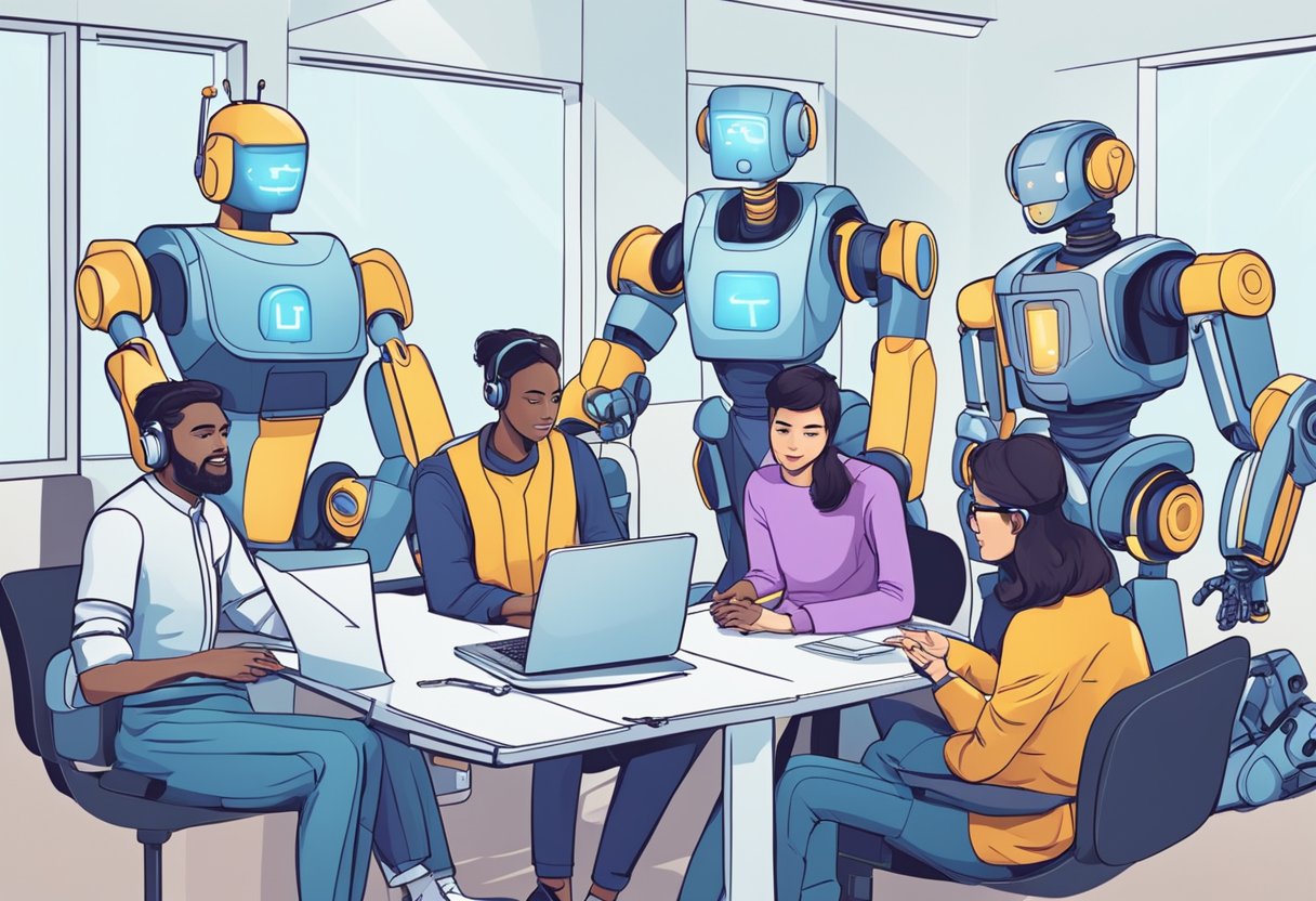 A group of AI assistants, chatbots, and robotics engage in a lively discussion, exchanging information and ideas