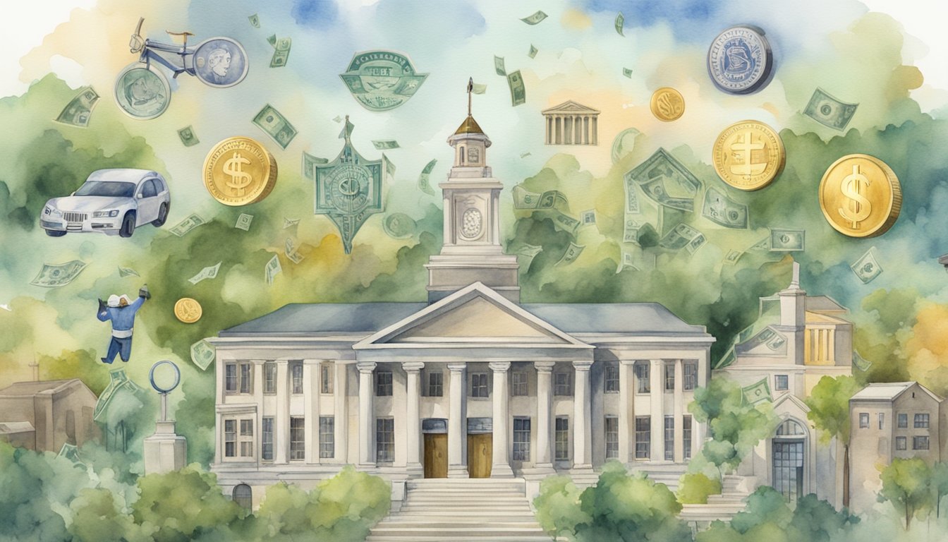 A military-themed illustration featuring various financial symbols and icons, such as dollar signs, scholarships, grants, and loan options, surrounding a prominent "Law School Education" title