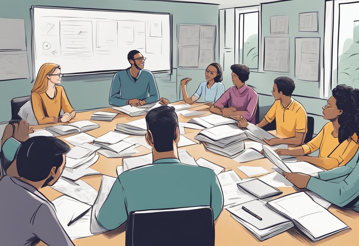 A group of people engaging in a lively discussion, gesturing and exchanging ideas with enthusiasm. Books and papers scattered on the table, with a whiteboard in the background filled with brainstorming notes