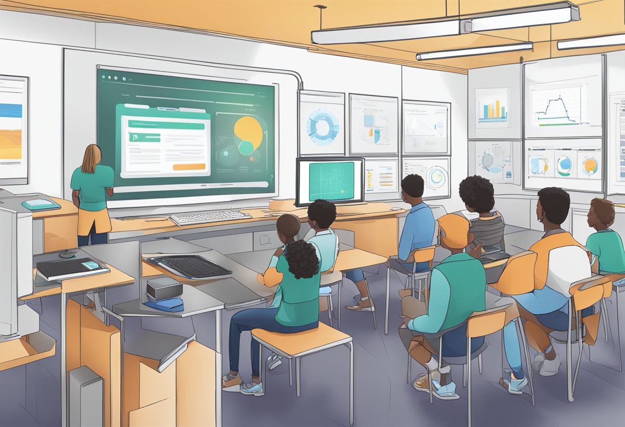 AI tools analyze data, generate insights, and provide personalized learning experiences. A virtual classroom setting with AI-powered devices and interactive learning materials