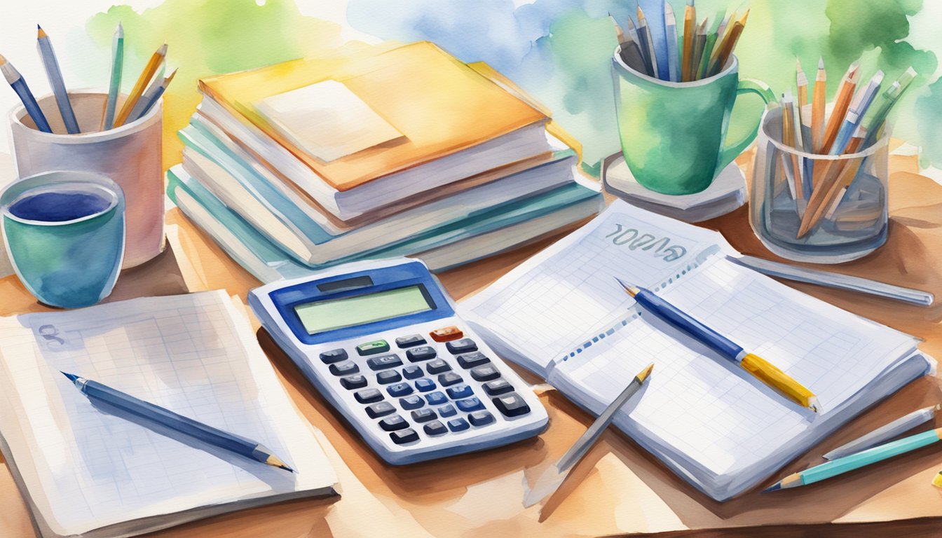 A stack of law school textbooks surrounded by various financial aid options, including scholarships, grants, and student loans, with a calculator and budgeting spreadsheet nearby