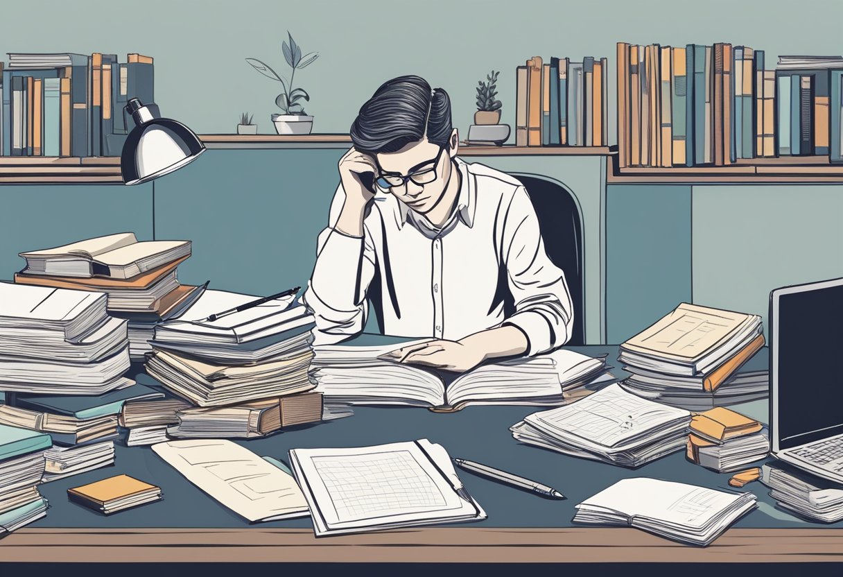 A person sits at a desk, surrounded by books and papers. They are deep in thought, with a pen in hand, jotting down notes and ideas