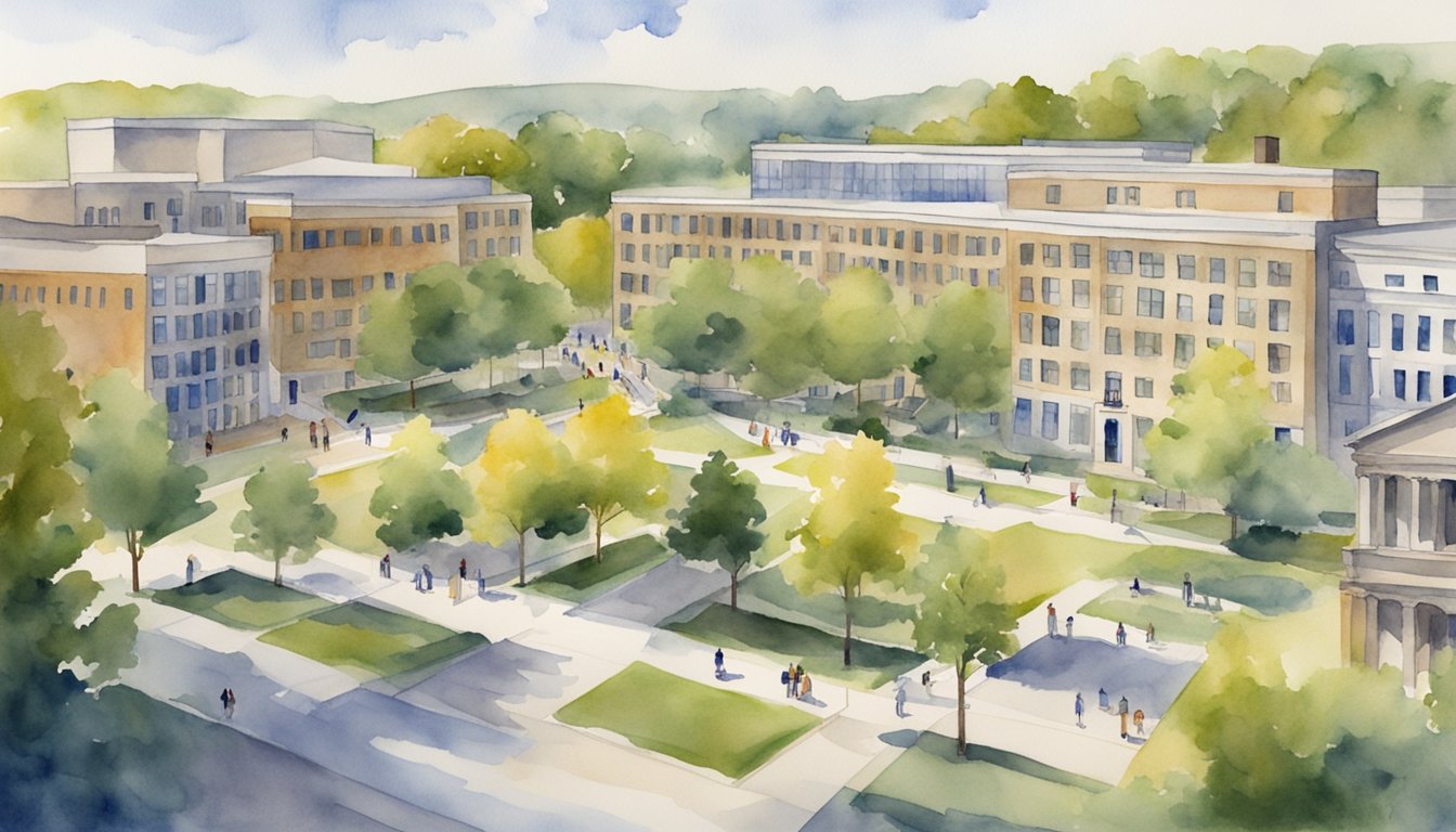 The scene shows Penn State World Campus with 8 college buildings, each representing a different area of study.</p><p>The campus is bustling with non-traditional students engaged in various activities