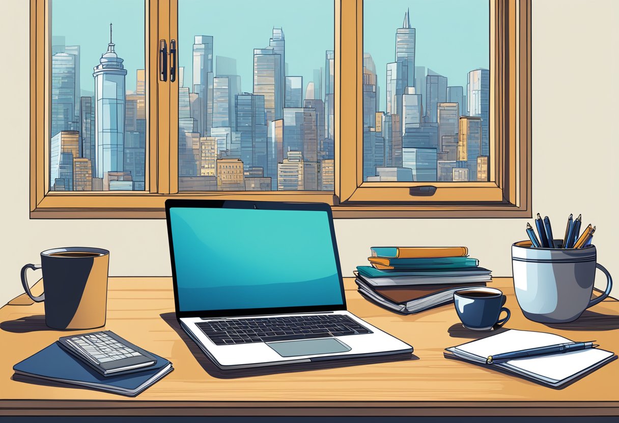 A cluttered desk with a laptop, notebook, and pen. A cup of coffee sits nearby. A window overlooks a city skyline