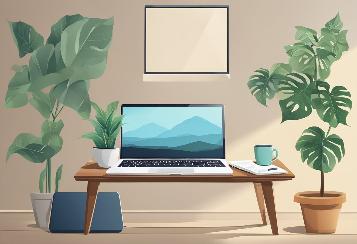 A table with a laptop, notebook, and pen. A poster with submission guidelines on the wall. A chair and a plant in the background