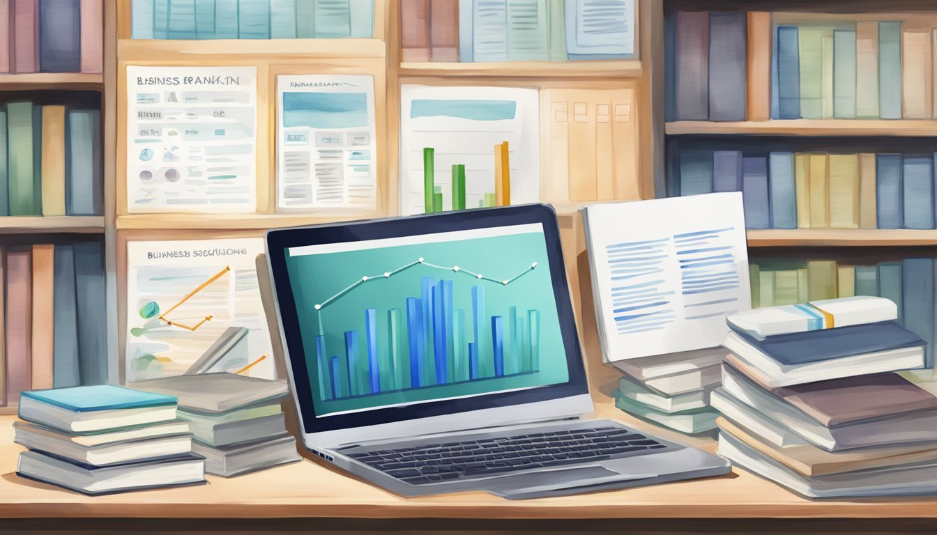 A stack of business school ranking publications surrounded by various resources like books, laptops, and notebooks.</p><p>A chart showing comparison data is displayed on a computer screen