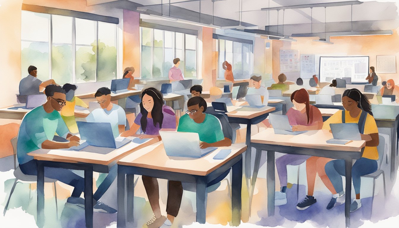 A diverse group of non-traditional students studying and collaborating in a modern, technology-equipped classroom at the University of Phoenix