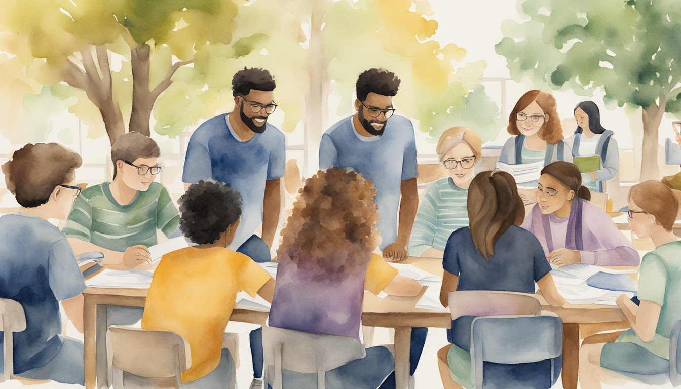 A diverse group of students of varying ages and backgrounds engage in collaborative learning at a college campus, representing non-traditional student demographics