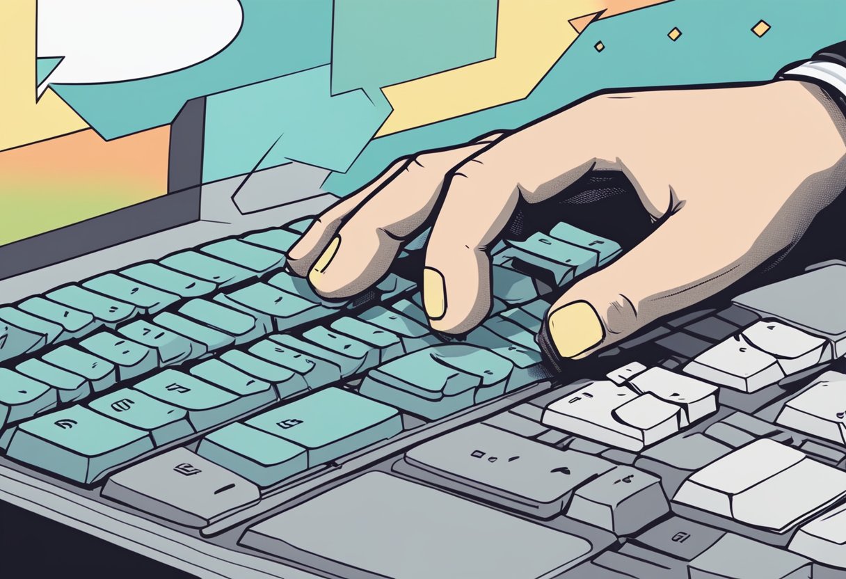 A hand hovers over a keyboard, clicking "comment" on a post. A thought bubble with a response appears above the hand