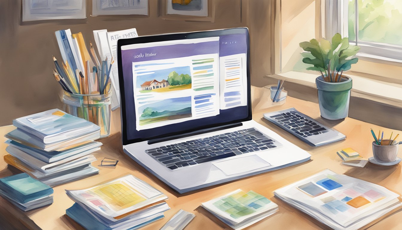 A desk with a laptop open to MBA.com, surrounded by various school brochures and a notebook with "School Finder" written on it