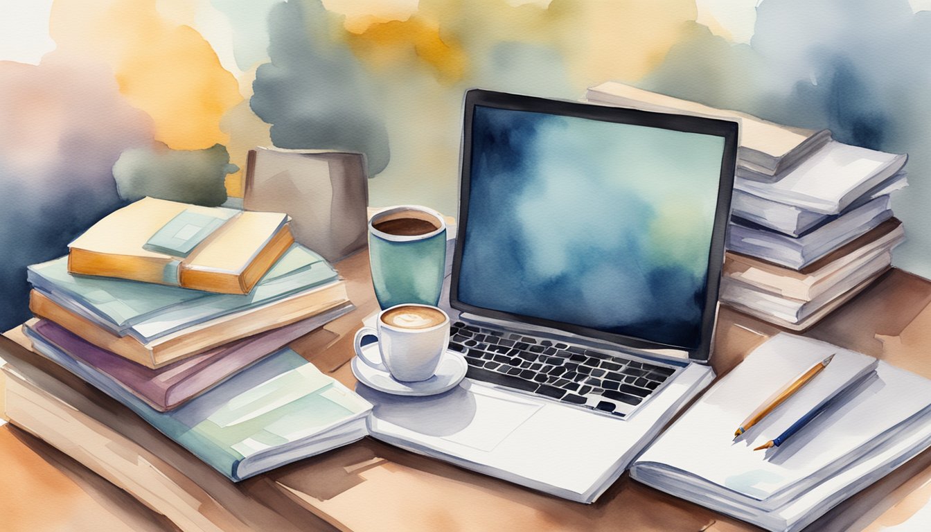 A stack of business school rankings and resources, surrounded by open books and a laptop, with a cup of coffee nearby