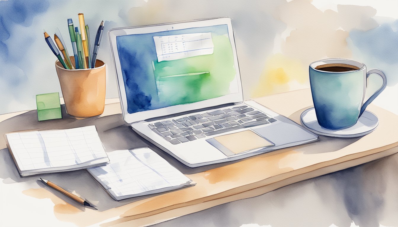 A desk with a computer displaying a list of IEP goal tracking tools.</p><p>A notebook, pen, and coffee cup sit nearby