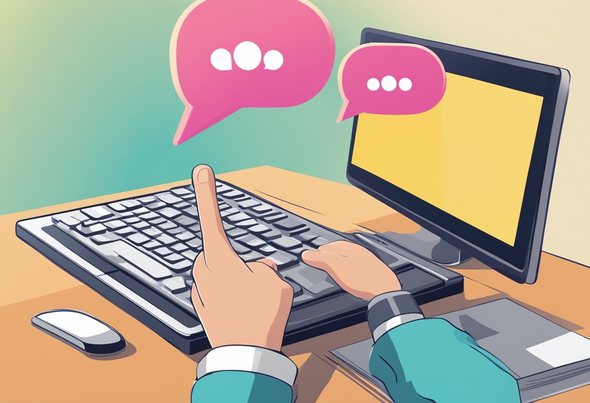 A figure typing on a keyboard, with a speech bubble showing a positive response to a post. A hand giving a thumbs-up in the background