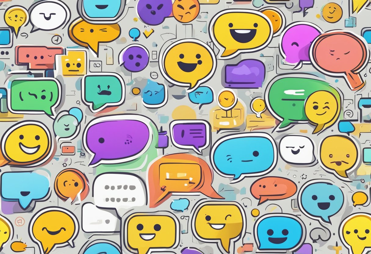 Various colorful speech bubbles with text, emojis, and icons float above a digital discussion board, representing diverse replies and interactions