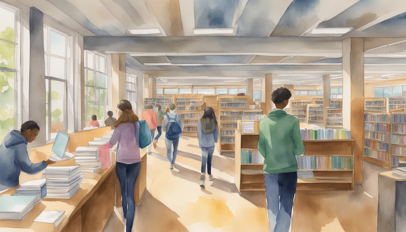 Students browsing shelves, computers, and bulletin boards for scholarship resources at a bustling local library