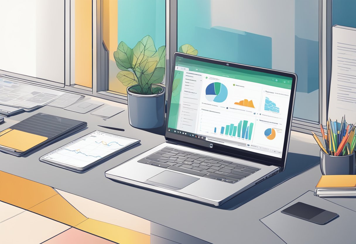 A laptop open on a desk, with a discussion board interface displayed. Various replies and comments are visible, showing engagement and data collection