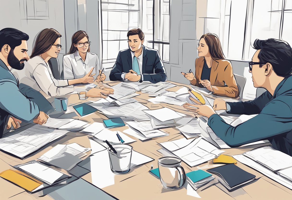 A group of people engage in a lively discussion, gesturing and making eye contact. Papers and pens are scattered on the table