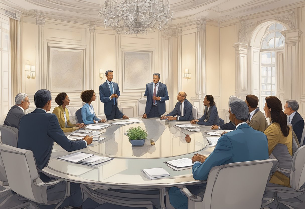 A group of individuals sit around a polished conference table, engaged in a lively discussion. Each person maintains a professional demeanor, with straight posture and attentive expressions. The room is adorned with elegant decor, exuding an air of sophistication