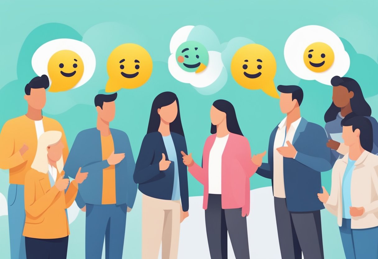 A group of people exchanging constructive feedback in an online forum, with speech bubbles and thumbs-up emojis