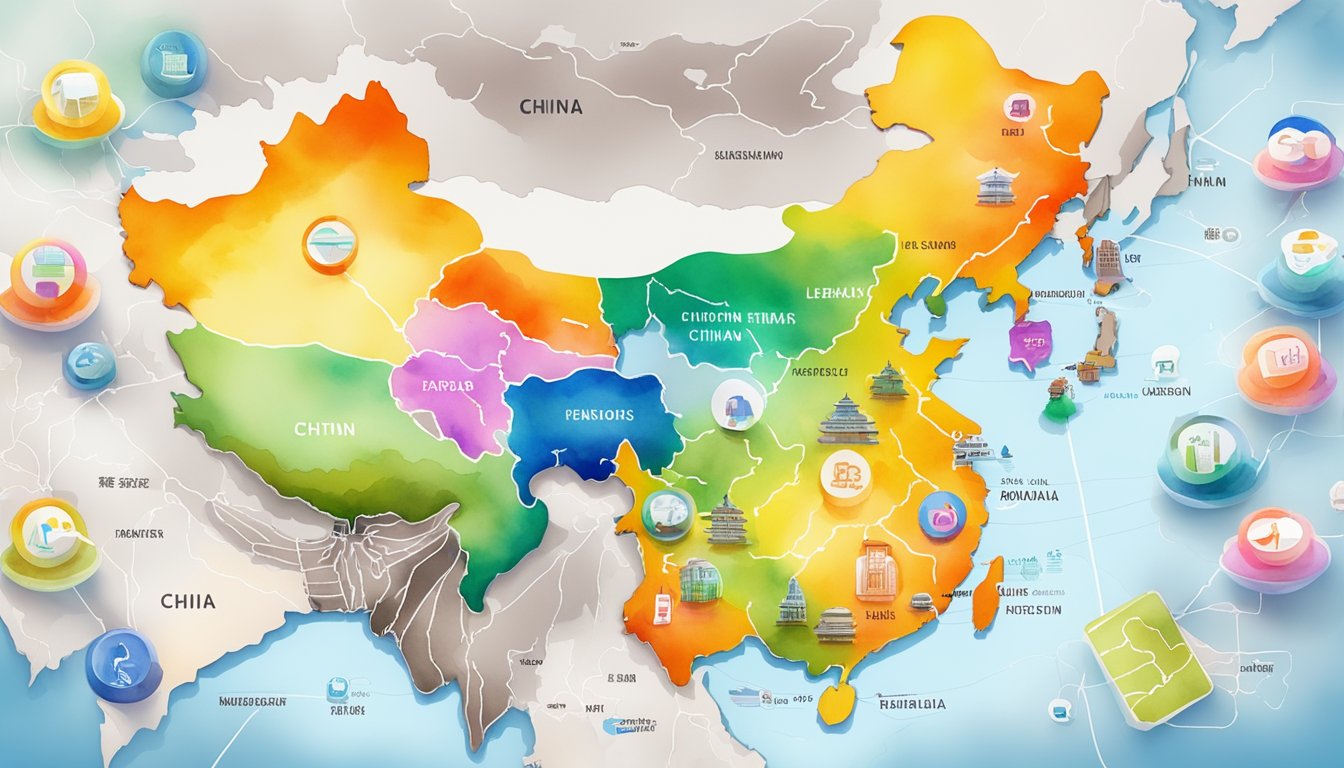 A colorful map of China with various dialect regions highlighted, surrounded by digital devices displaying language learning apps