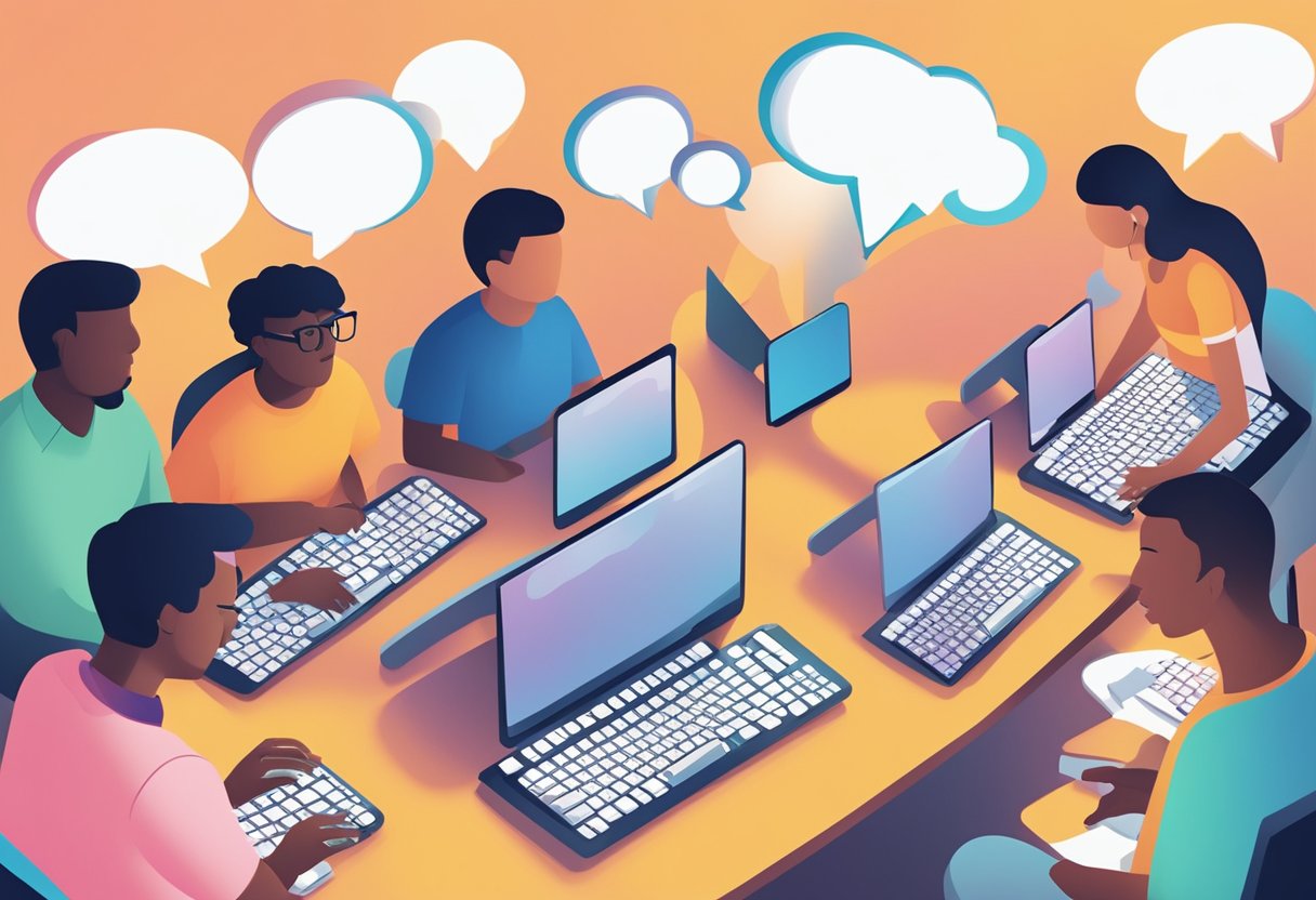 A group of diverse individuals typing on keyboards, exchanging ideas and opinions in an online forum. Thought bubbles and speech bubbles float above their heads, representing their active discussion