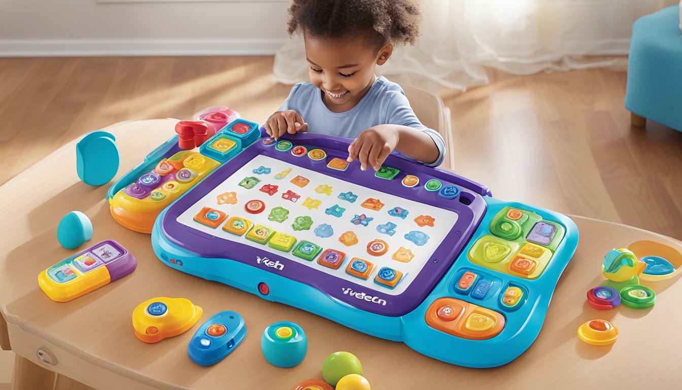 The VTech Touch and Learn Activity Desk, surrounded by 8 educational toys for toddlers, with colorful buttons, lights, and interactive features