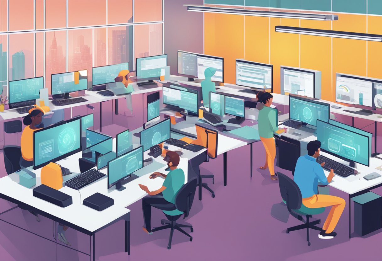 Various individuals typing on keyboards and interacting with AI tools on computer screens in a modern office setting