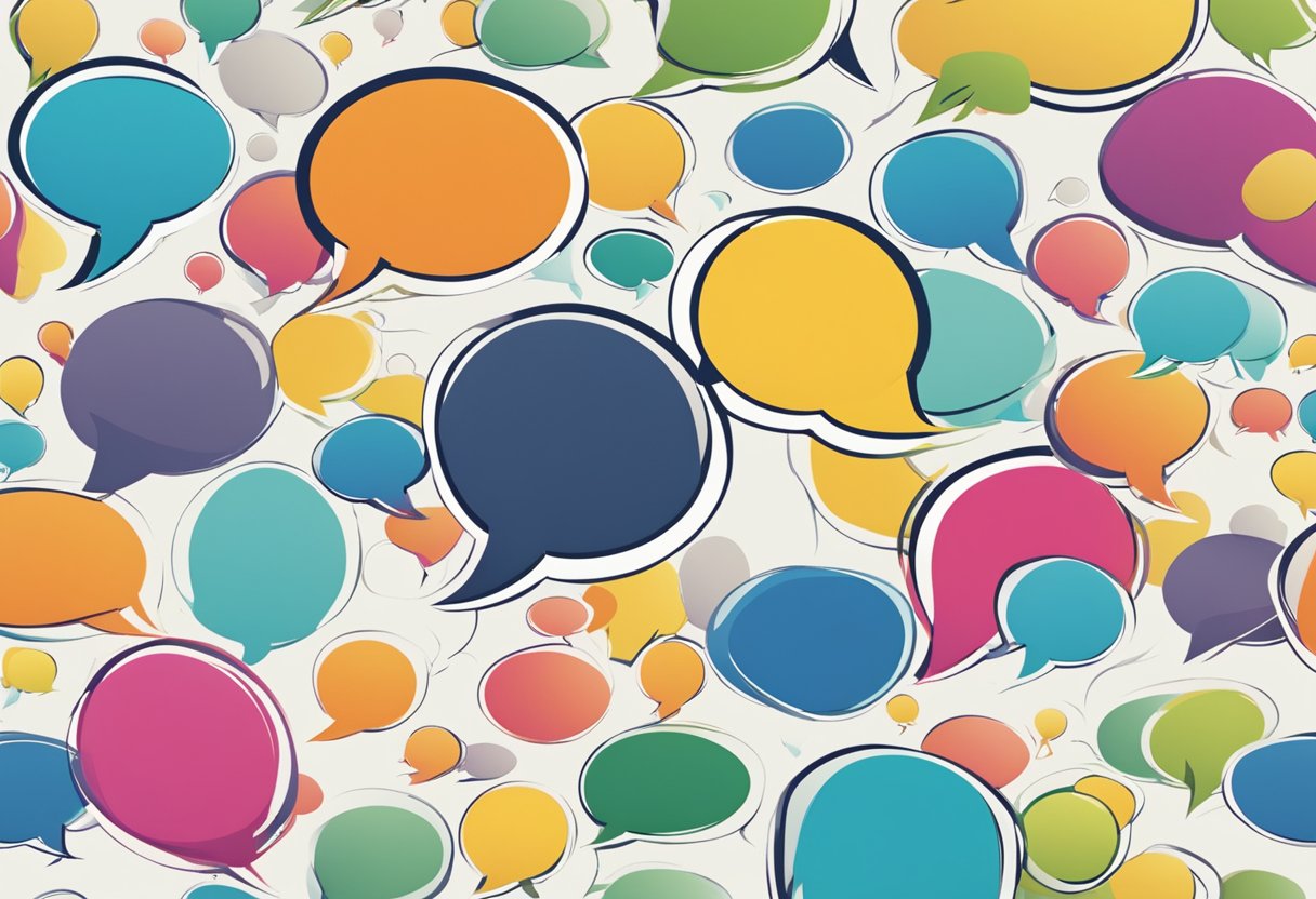 Multiple speech bubbles, varying in size and color, surround a central post, indicating an active and diverse conversation