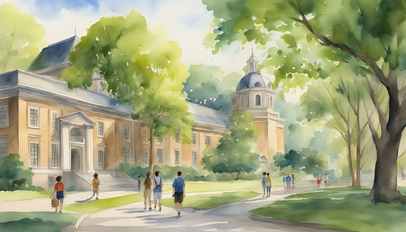 The scene depicts a picturesque campus with historic buildings, lush greenery, and students engaged in academic activities.</p><p>The college emblem is prominently displayed, and the atmosphere exudes a sense of intellectual curiosity and academic excellence