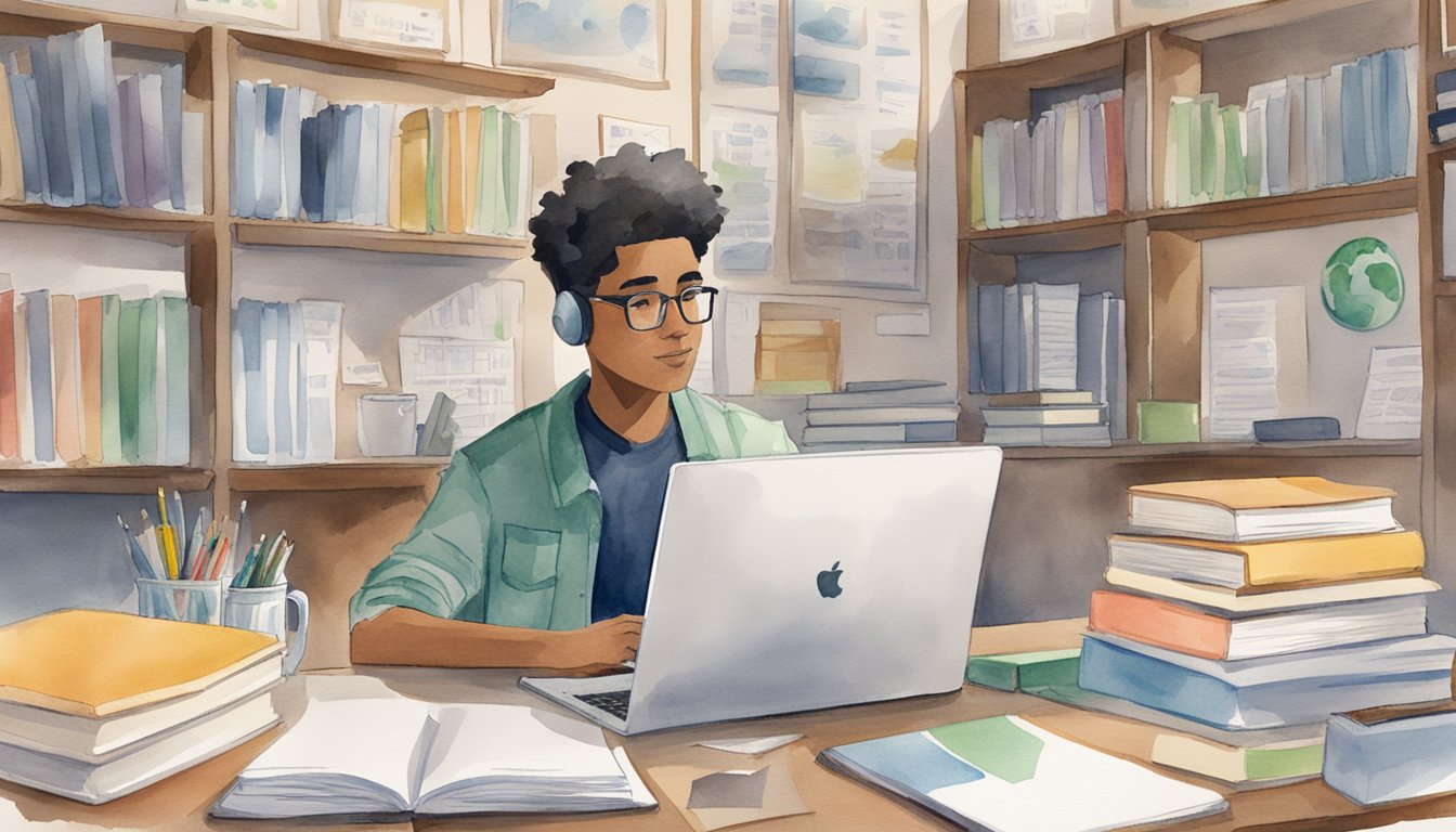 A college student sits at a desk, surrounded by textbooks and notes.</p><p>A laptop displaying Khan Academy's logo is open, showing a tutoring session in progress