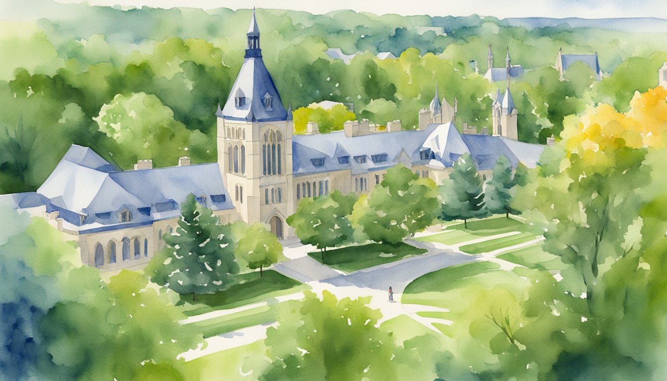 Carleton College campus with iconic buildings and lush greenery, showcasing a vibrant and intellectual atmosphere for liberal arts education